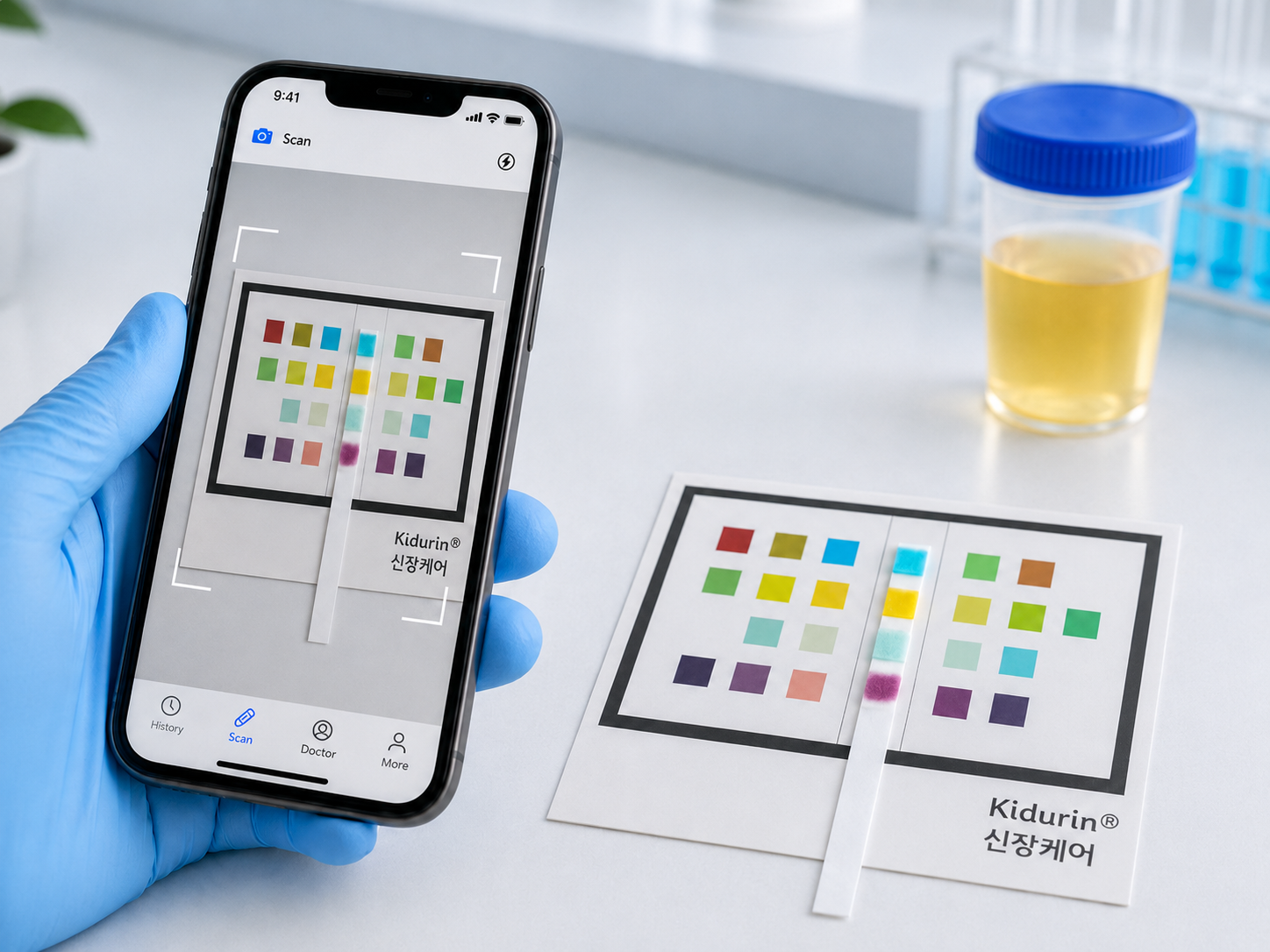 Kidurin Check 앱으로 비색표 위 요스틱을 촬영하는 온디바이스 AI 판독